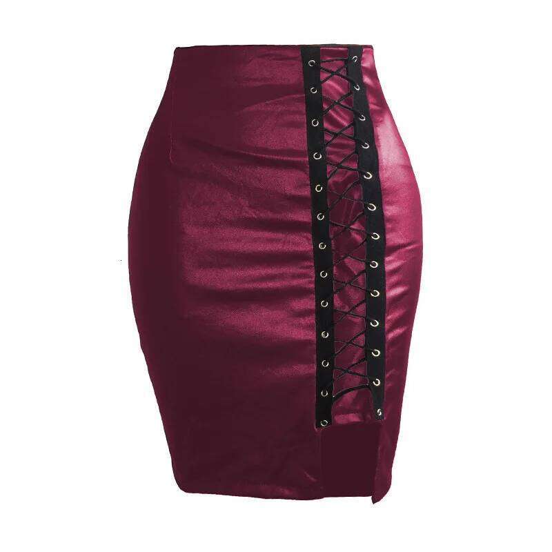 Spring Summer Women Side Split Pencil Black Lace Up PU Leather Skirts Vintage Bodycon High Waist Mini Skirt Z260314