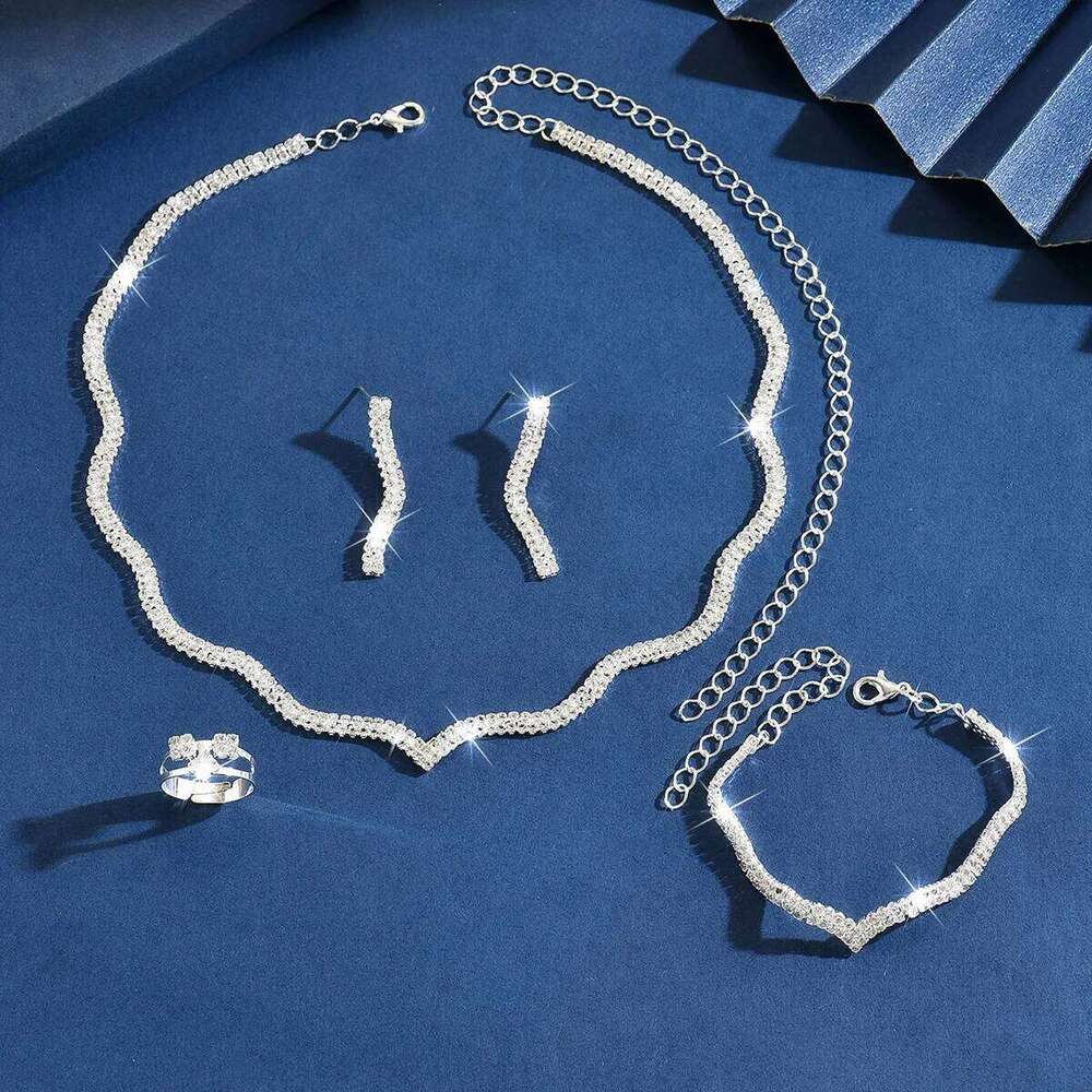 Bling Scallop Edge Jewelry Set Women's Rhinestone Necklace Earrings Bracelet Ring 4Pcs Party Formal Statement Accessories Z260313