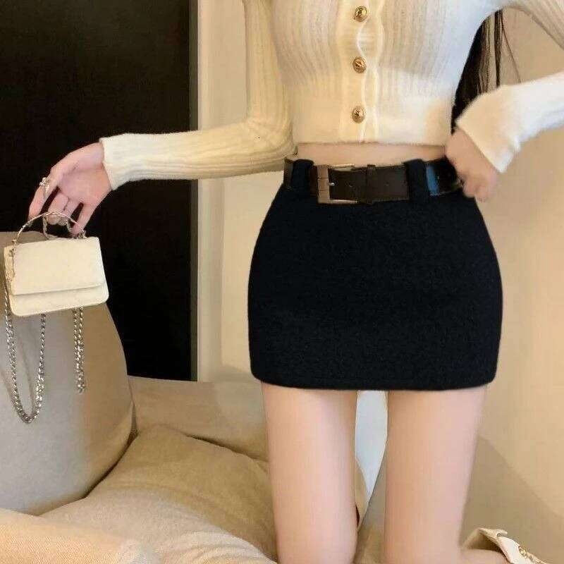 OCEANLOVE Woolen Skirts Women Solid A-line Vintage Autumn Winter Mini Skirt Korean Fashion High Waist Versatile Faldas Mujer Z260314