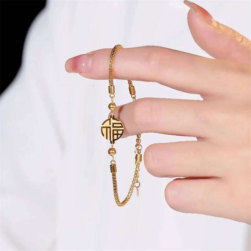 Gold Plated Fortune Character Bracelet For Women Luxury Stainless Steel New Year Versatile Bracelets Good Luck Wealth Jewelry Z260313