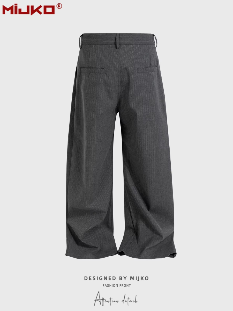 MIJKO Unisex Casual Pants Vertical Stripe Design Folded Straight Leg Gray Suit for Men And Women C923
