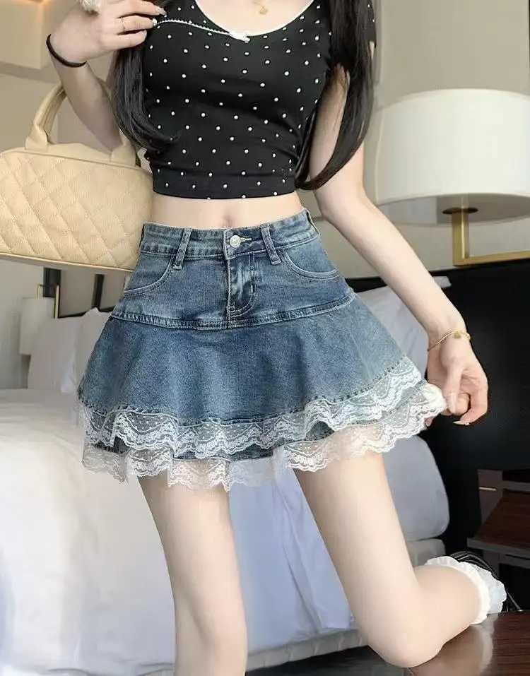 American Retro Korean Fairycore Japan Style Sweet Preppy French Style Solid color Lace Denim skirt Gown High waist Summer M260314