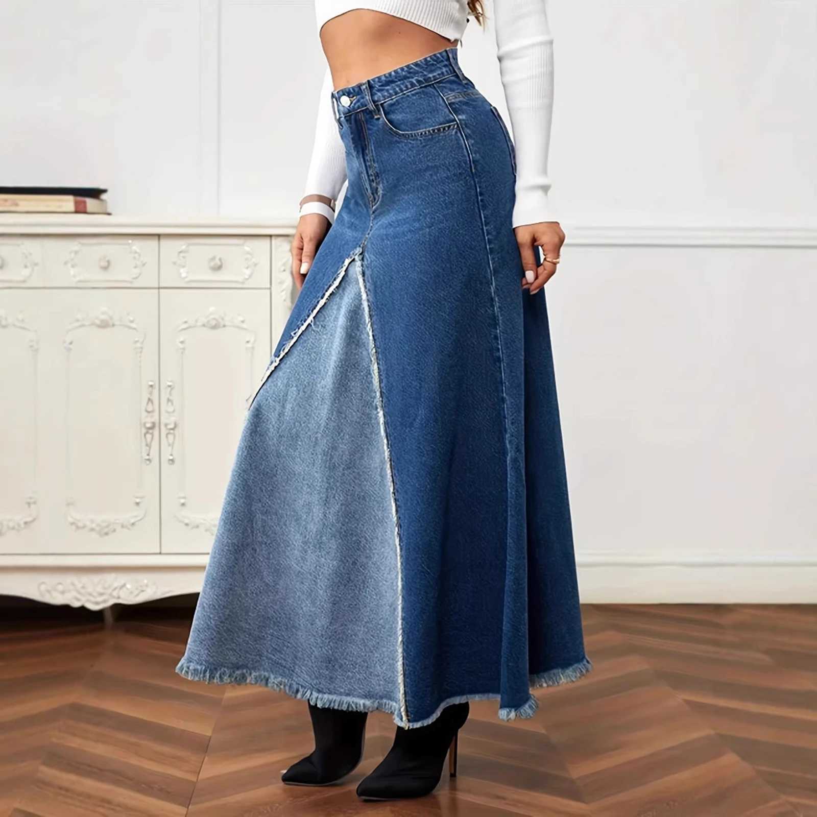 Boho Long Denim Skirts for Women Flowy High Waist Button Down Ruffled A-line Jean Casual Maxi Skirts with Pockets M260314