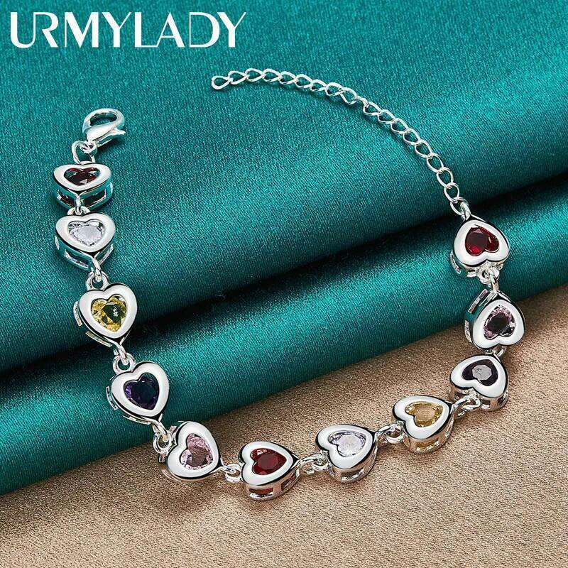 URMYLADY 925 Sterling Silver Heart inlaid With Multi-color AAA Zircon Chain Bracelet For Woman Wedding Engagement Party Jewelry Z260313
