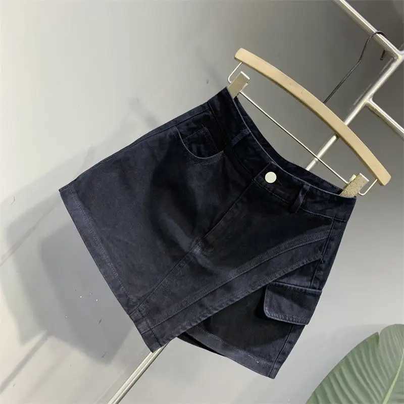 Retro American Korean Style Denim Shorts Womens Tight Fit Summer Design Pocket Elastic Slimming Skirt Pants High Waist M260314