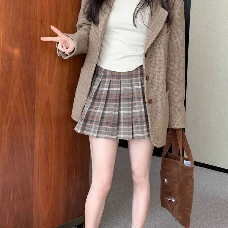 Preppy Style Plaid Pleated Women Fall Winter High Waist Woolen Mini Skirt Japanese School Uniforms Kawaii Y2k Jk Skirts Z260314