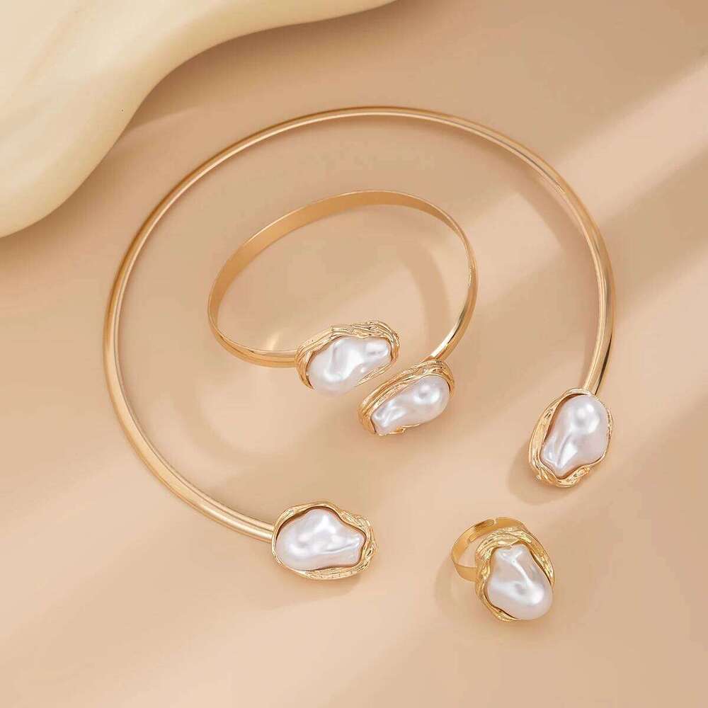 KunJoe Elegant Baroque Imitation Pearl Choker Necklace Bangles Ring Jewelry Set Women Chunky Circle Open Torques Collar Bracelet Z260313