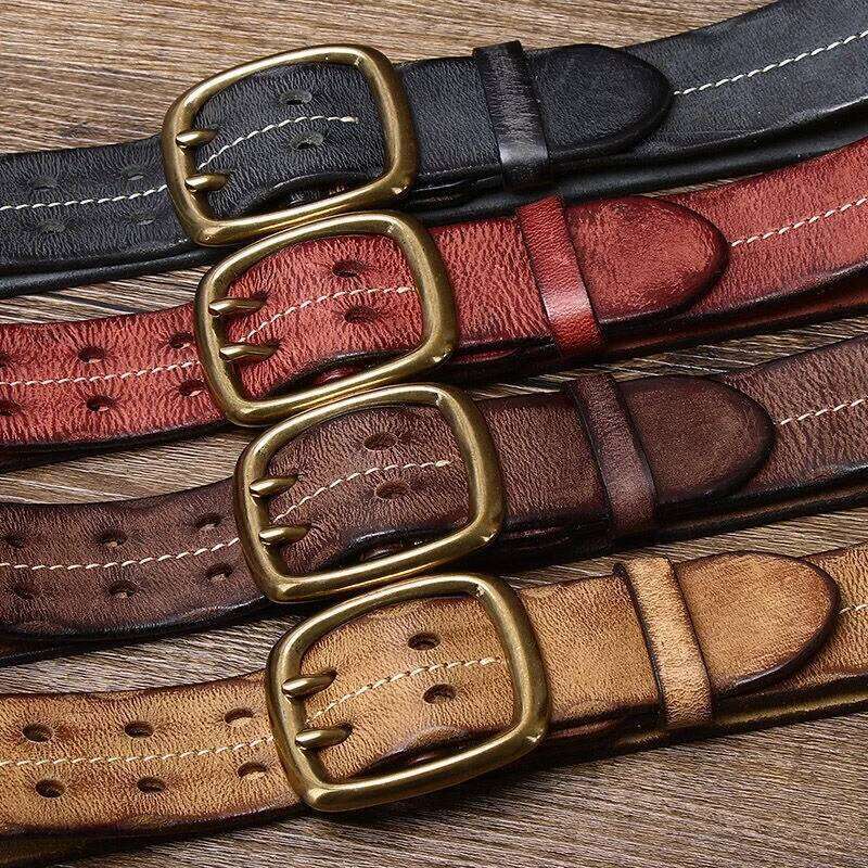 Vintage Men's 3.8cm Wide Breasted 100% Cowhide Double Prong Buckle Handmade Heavy Duty Fashion Jeans Belt Brown Z260226