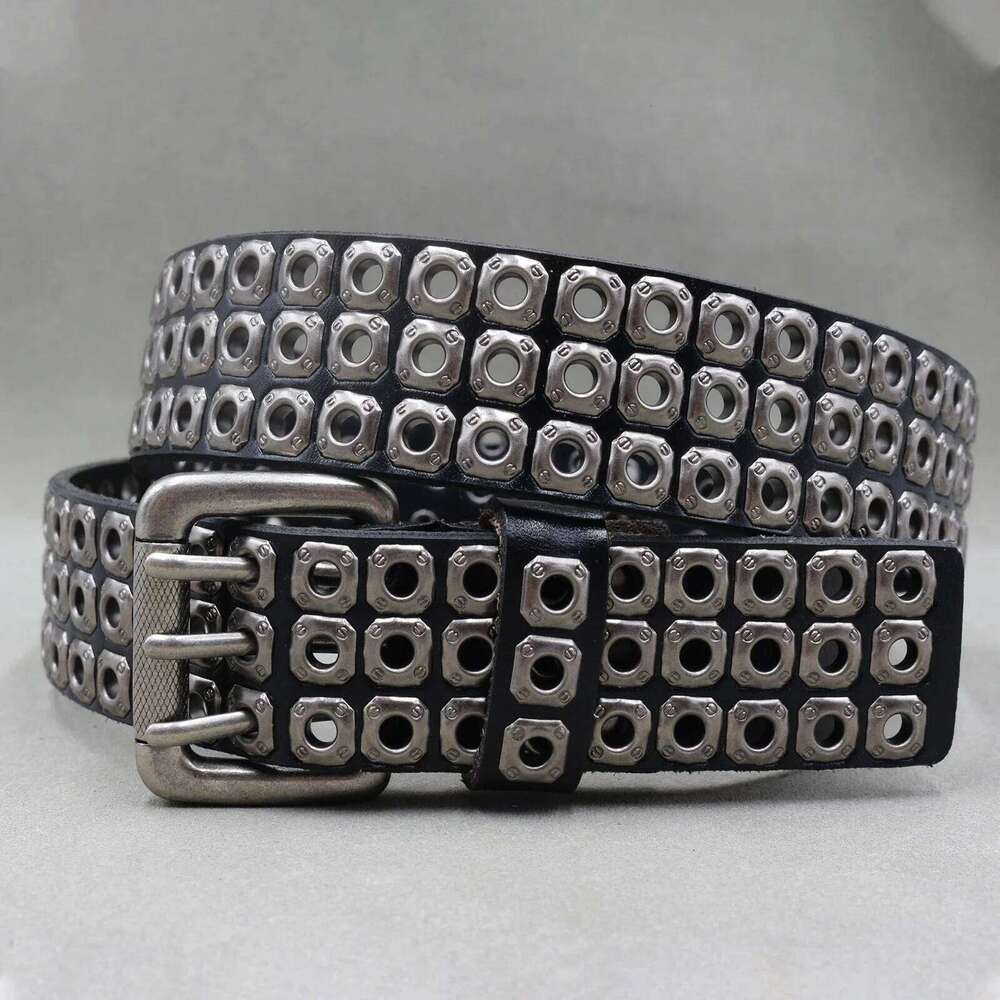 Brand Men Rivet Real Pin Male Black Rock Genuine Leather Cowhide Luxury Punk Belt Jeans Z260226