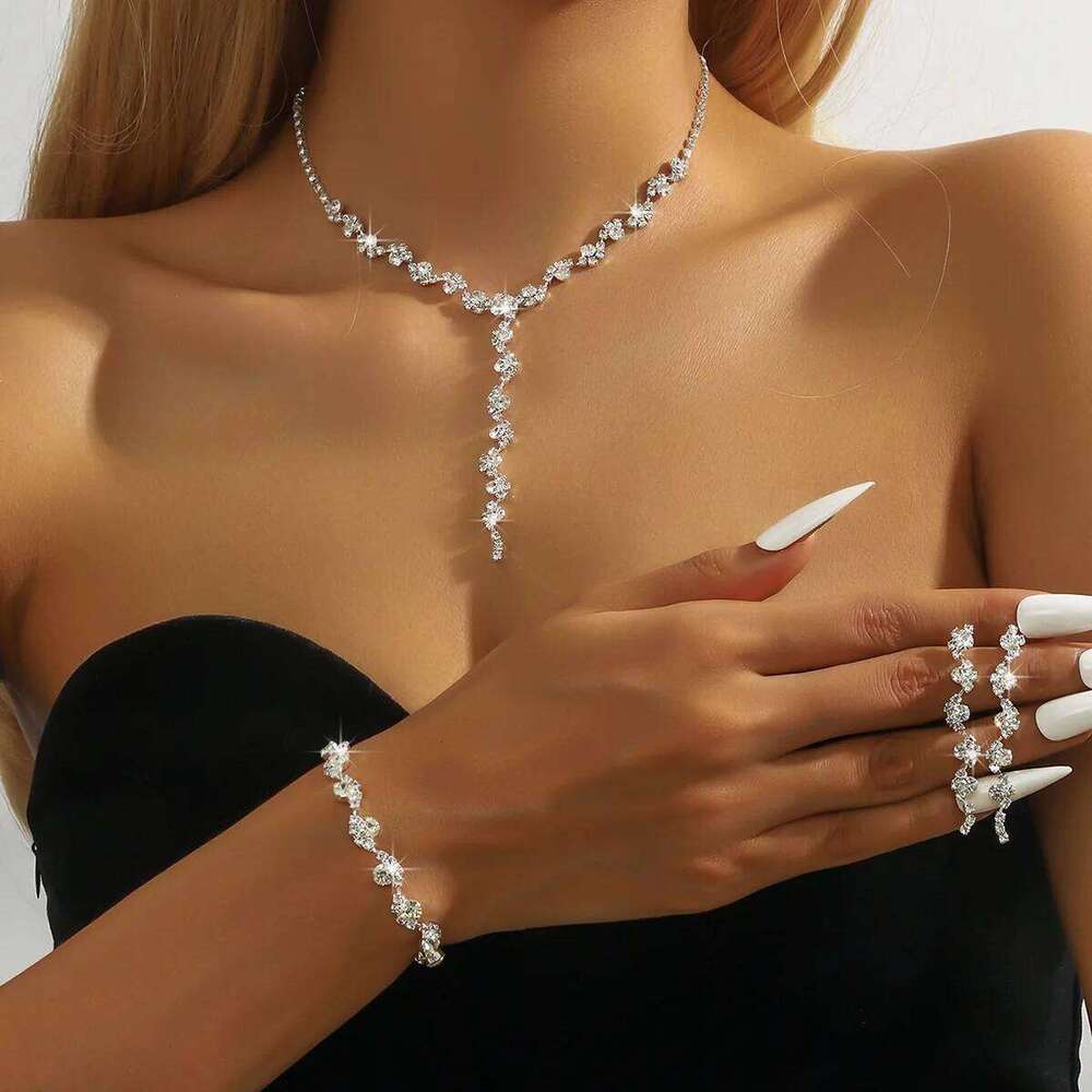 Glam Crystal Tassel Jewelry Set 4Pcs Gold-Plated Choker Necklace Earrings Bracelet for Women Party Wedding Evening Fashion Z260313