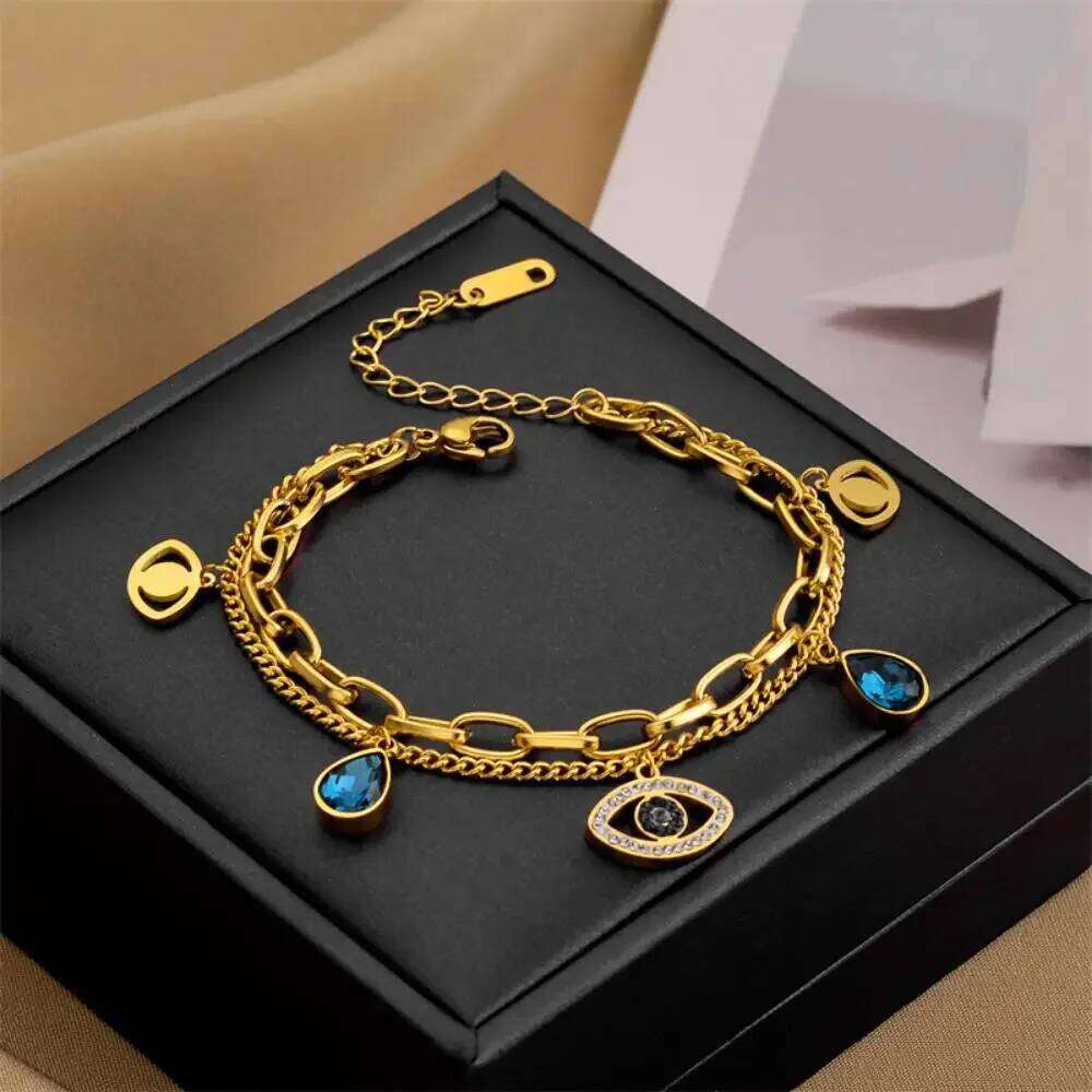 Stainless Steel Double Layer Evil Eye Charm Bracelet For Women Girl Luxury Vintage Bangle Birthday Party Wrist Jewelry Gift New Z260313