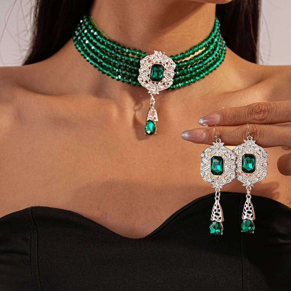 FYUAN Multilayer Green Red Blue Black Crystal Necklace Geometric Hollow Alloy Earrings For Women Weddings Banquet Jewelry Sets Z260313