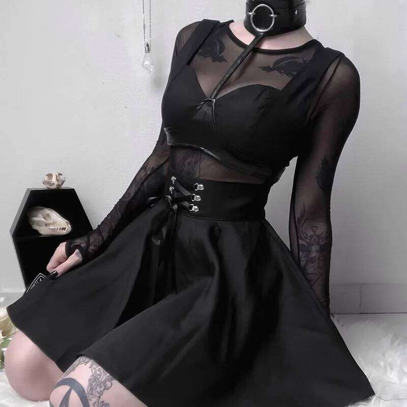 Japanese-Style Hipster Black JK Bubble Skirt Women's Lace-up Back Zip Ins Girl's Pleated mini gothic black skirt Z260314