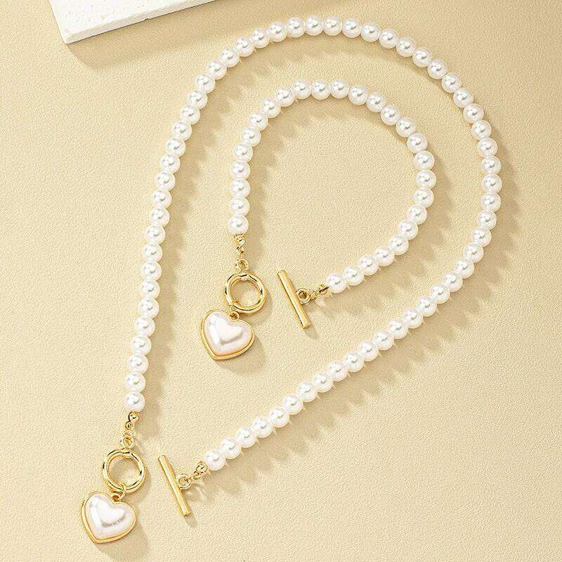 KMVEXO 2pcs Elegant Pearl Heart Pendant Necklaces Bracelet Set Women Imitation Pearls Chain OT Buckle Korean Jewelry Sets Girls Z260313