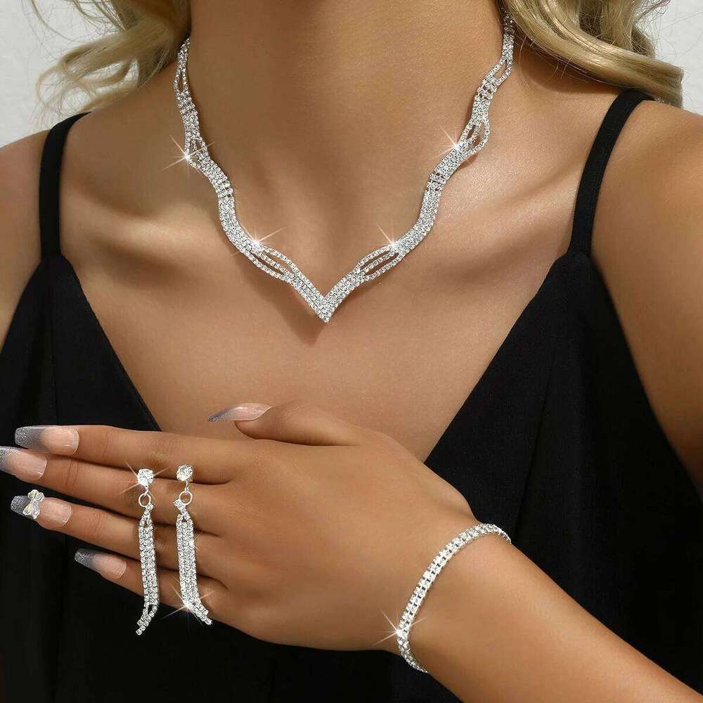 4PC Women's Fashion Copper Inlaid Diamond Claw Chain Cone Necklace Earrings Bracelet Set Wedding Party Festival Gift Z260313