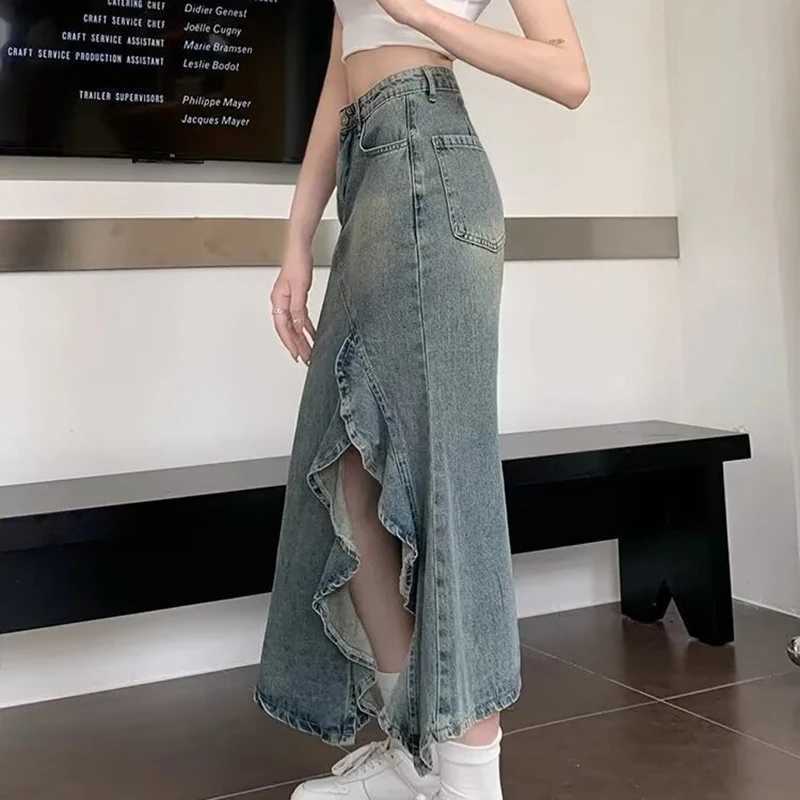 Spring And Summer Korean Retro Women Denim Skirt Fashion Design Irregular Wave Slit High Waist Fishtail Skirt Mid Length Skirt M260314
