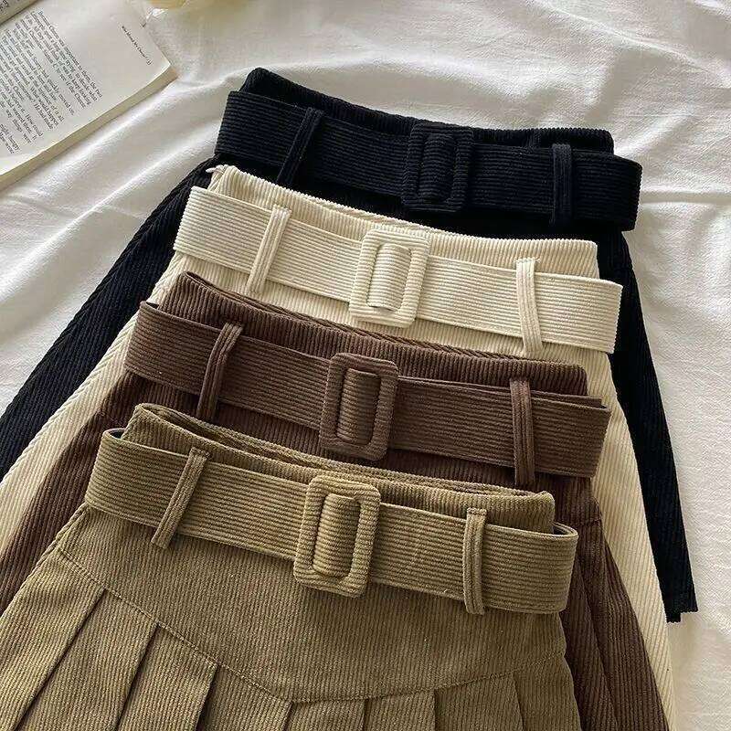 Cord Belted Pleated Texture Corduroy Box Pleat Mini Skirt with Belt Women Teen-girl Academy School Autumn Winter Outfit Z260314