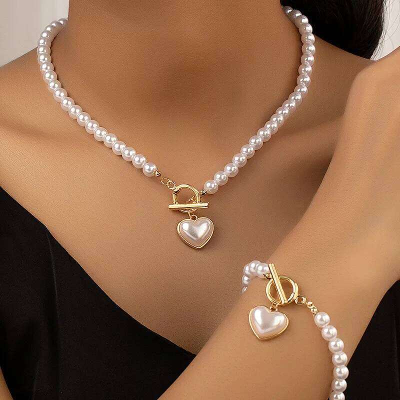 KMVEXO 2pcs Elegant Pearl Heart Pendant Necklaces Bracelet Set Women Imitation Pearls Chain OT Buckle Korean Jewelry Sets Girls Z260313