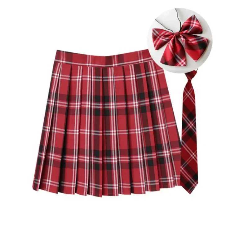 Women Summer Plaid Pleated Skirt With Necktie Bowtie Korean Jk Skirt Uniform Japanese School Preppy A Line Mini Skirts M260314
