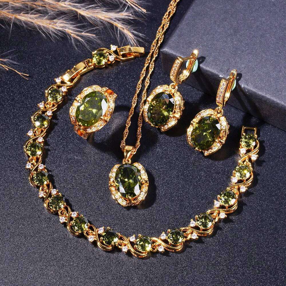 Elegant Sparkling Necklace Bracelet Ring And Earrings In Retro Olive Green Zirconia 18K Gold-Plated Jewelry Set Z260313