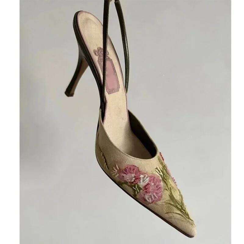 Embroidered High Heel Elegant Slingback Sandals Summer 2025 Pointed Toe Pumps Dress Shoes Women Zapatos De Mujer