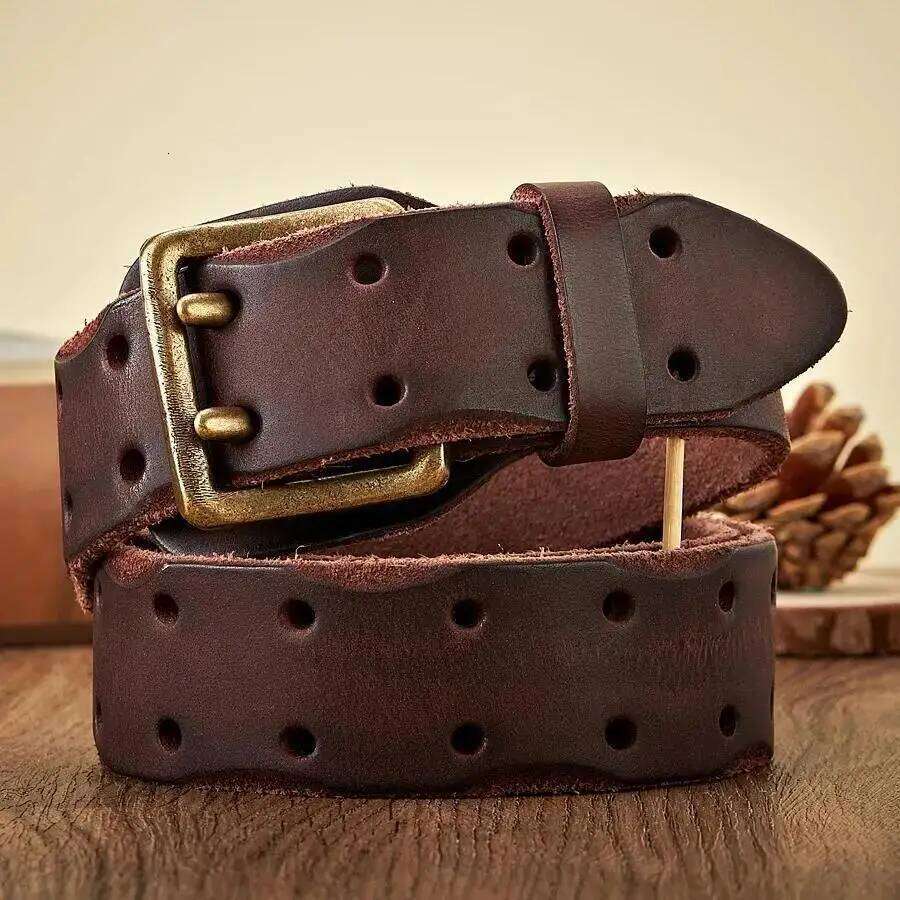 Thick Original Vintage Men Wide Male Cowhide Real Genuine Leather Double Prong Buckle Strap Cowboy Jeans Belt Z260226