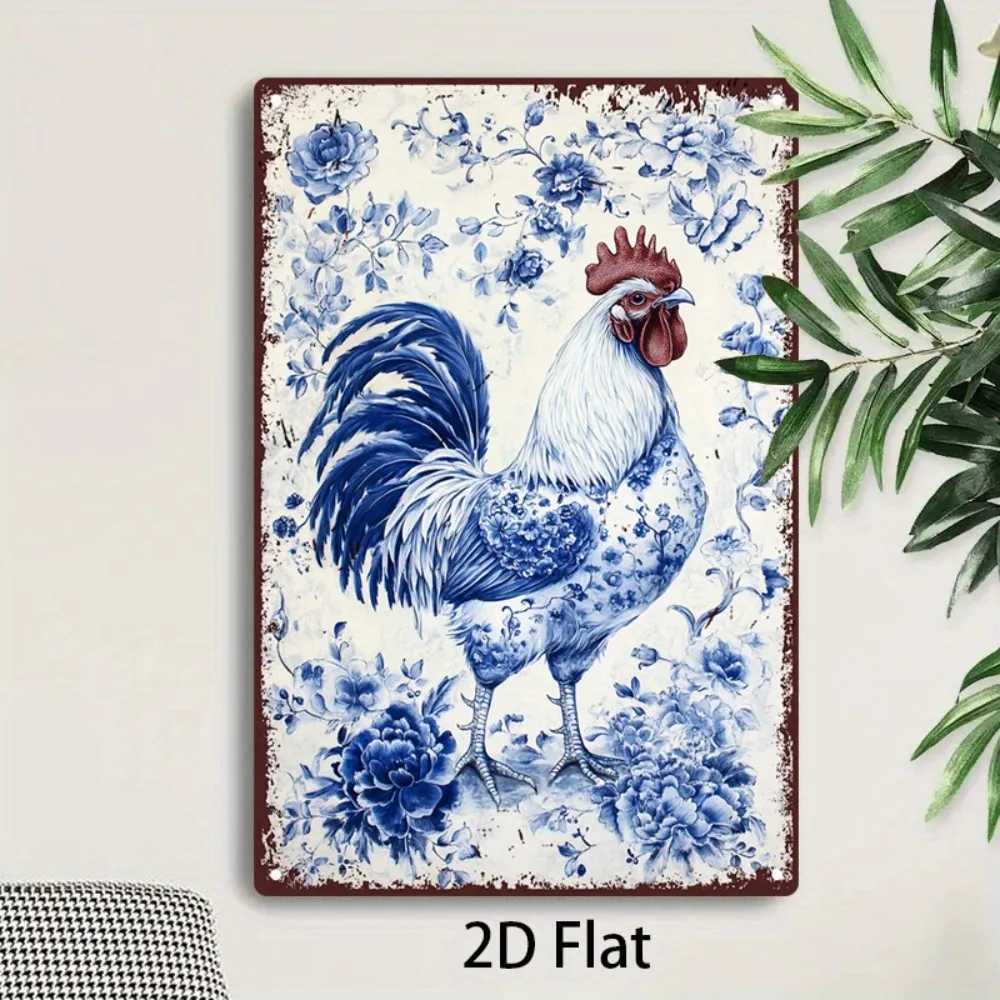 Vintage Rooster Floral Metal Sign 8x12 Inch Blue White Red Rustic Wall Art for Cafe Beach House D260314
