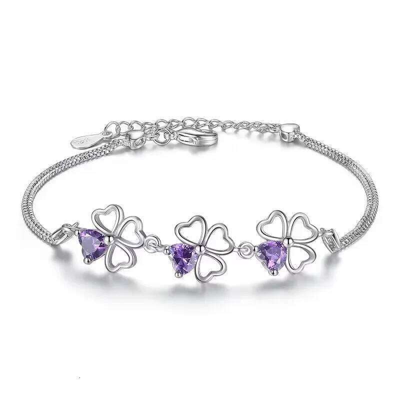 NEW fine 925 Sterling Silver Purple crystal Lucky Clover Bracelets for women fashion party wedding accessories Jewelry 17CM+4CM Z260313