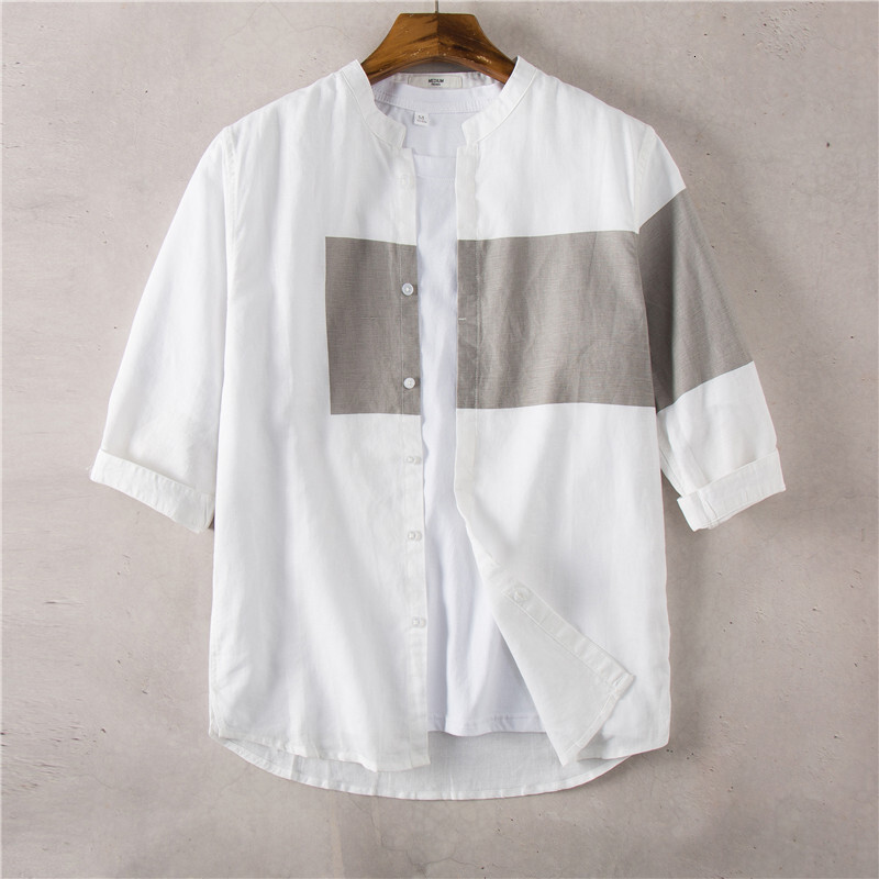 Men's Trendy Threequarter Polo Sleeve Fashion Koreanstyle Linen Shirt Designer Hoodie Japanesestyle Colorblocked Designer T-shirt Standup Collar Cottn Shirt