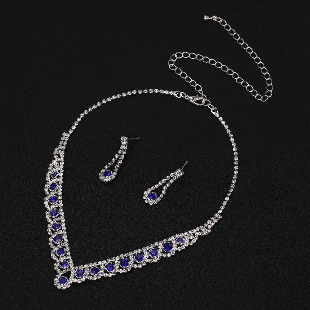 TREAZY Royal Blue Crystal Bridal Silver Plated Rhinestone Necklace Earrings Set for Women Prom Wedding Jewelry Sets Z260313