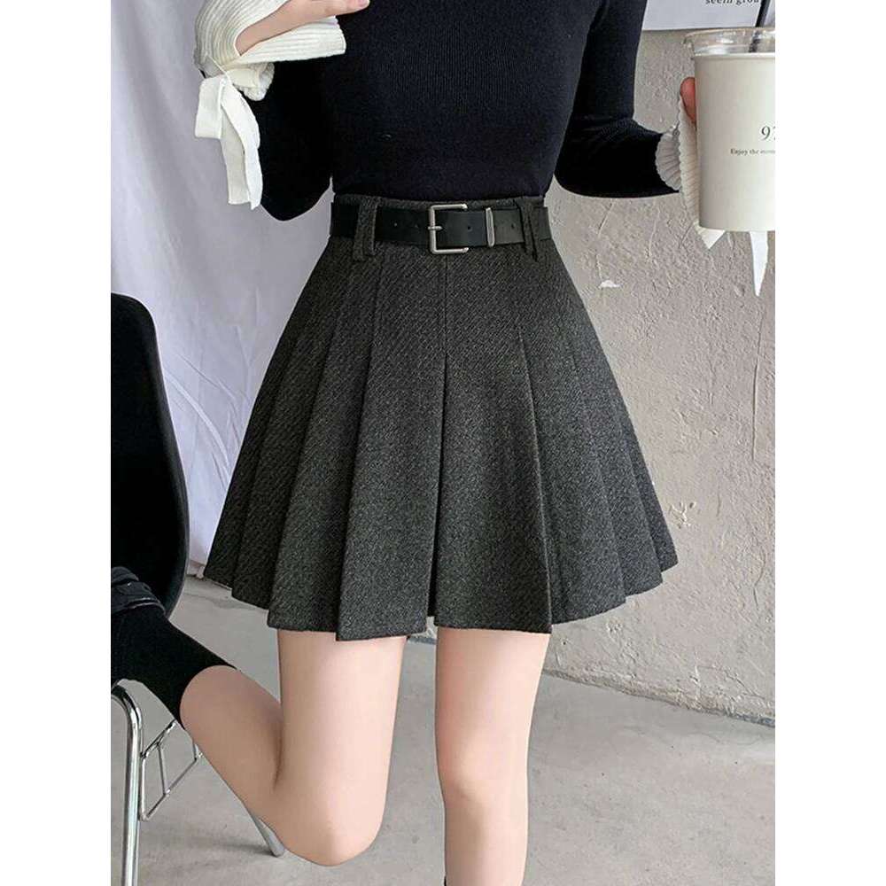 Vintage Winter Pleated Mini Women Streetwear High Waist Woolen Cute Skater Skirts With Shorts Belt Grey Black Skirt Woman Z260314