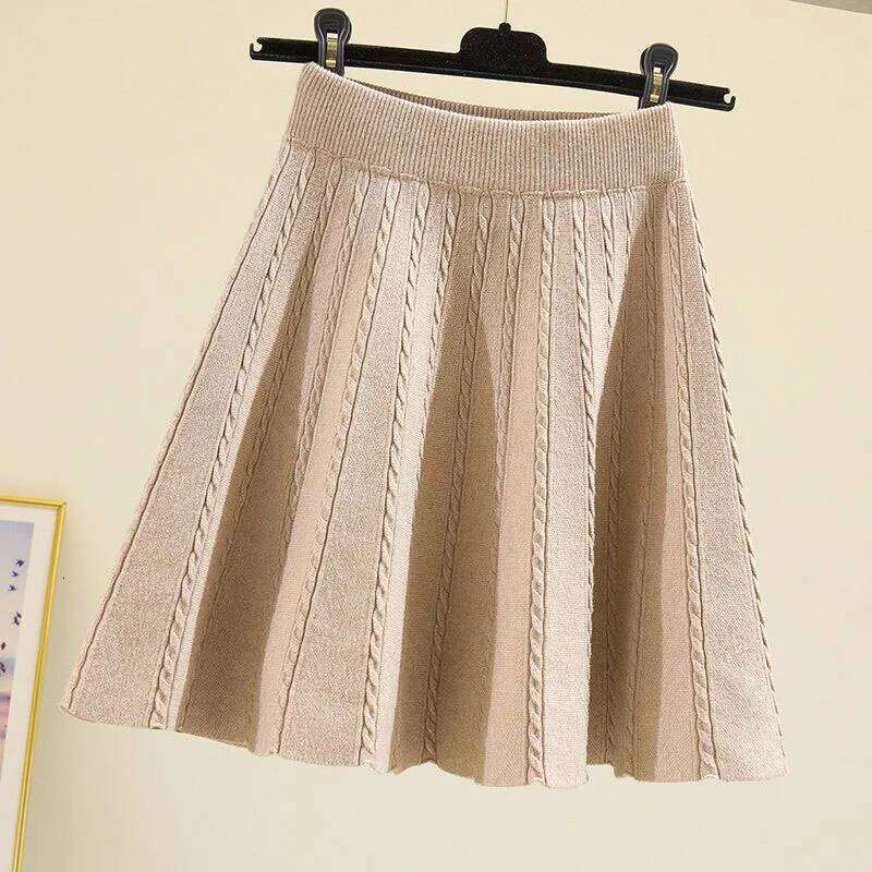 Spring Autumn Knitted Elastic Waist High Irregular 2023 New Screw Thread All-match Pleated Skirts for Women Korean Trend Z260314