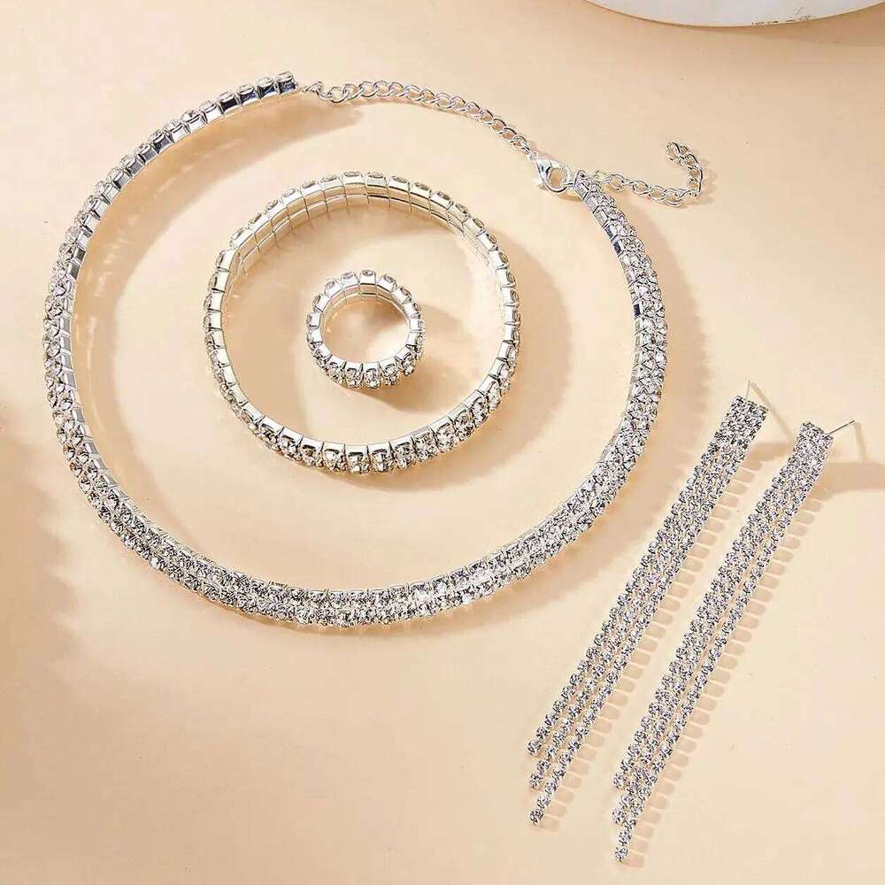 Exquisite Zircon Tennis Bracelet Choker Necklace for Women Full Rhinestone Dangle Earrings and Ring Wedding Party Jewelry Set Z260313