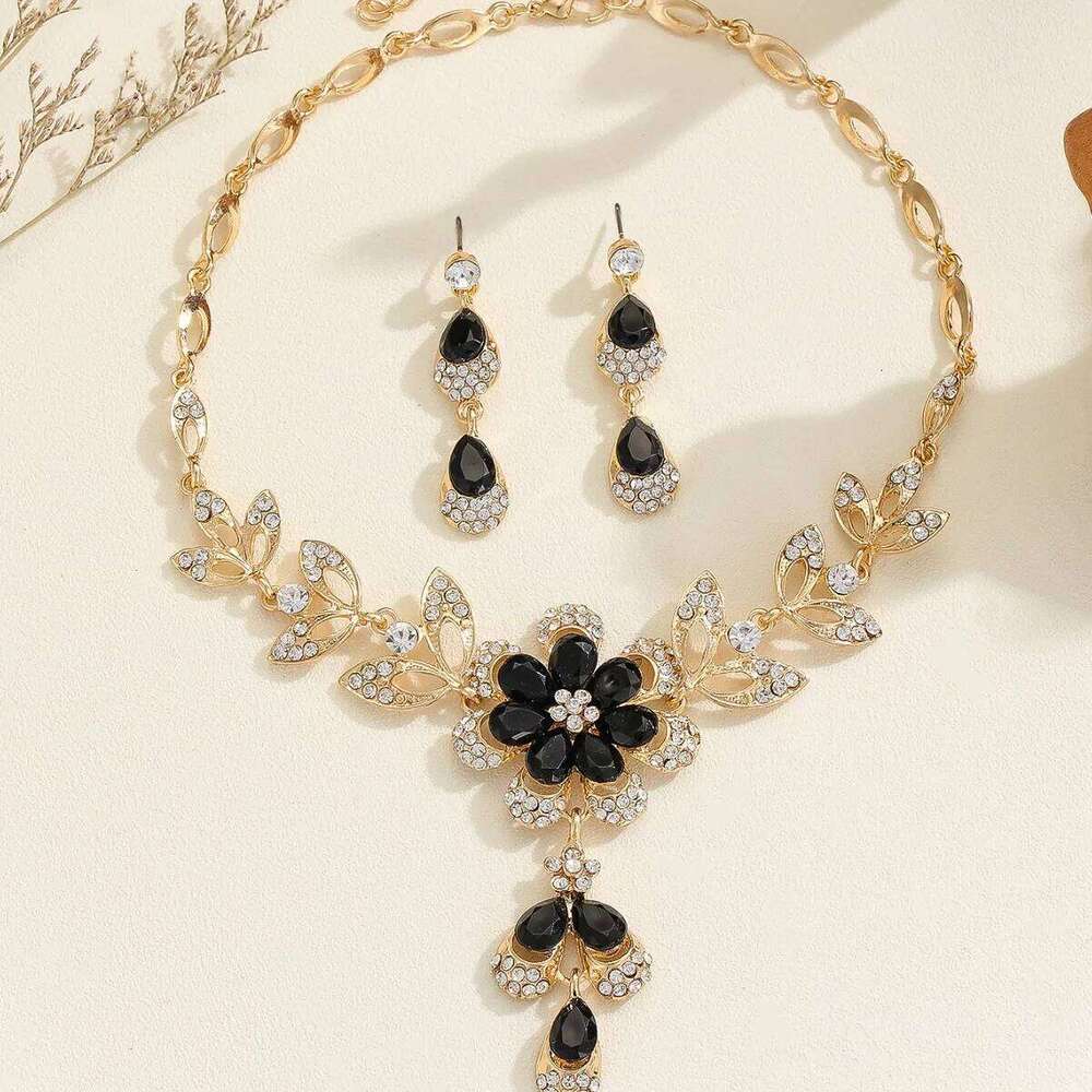 3PCS Elegant Flower Shape Black Zircon Necklace Earrings Jewelry Set Fashion Banquet Accessories For Women Gift Z260313