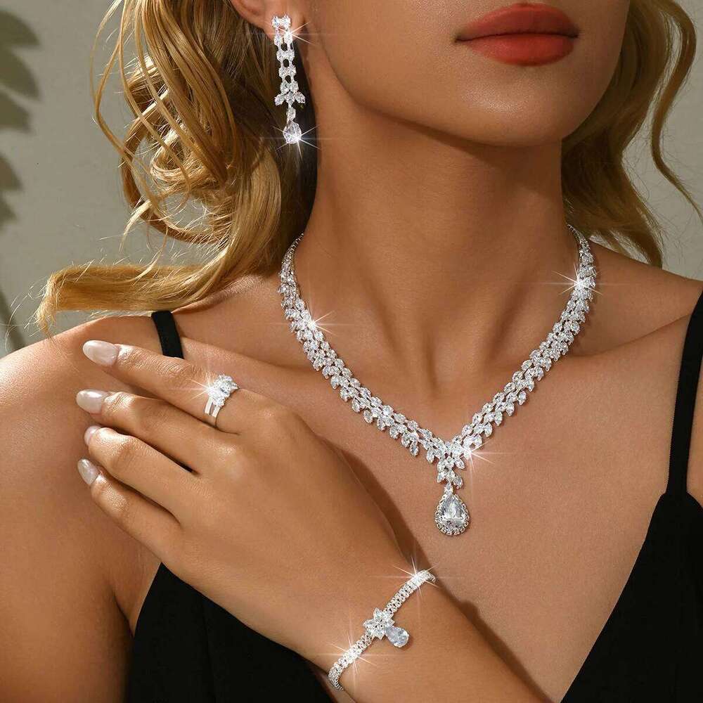 Korean version romantic gentle silver necklace earrings bracelet ring four piece set versatile wedding dress accessories Z260313