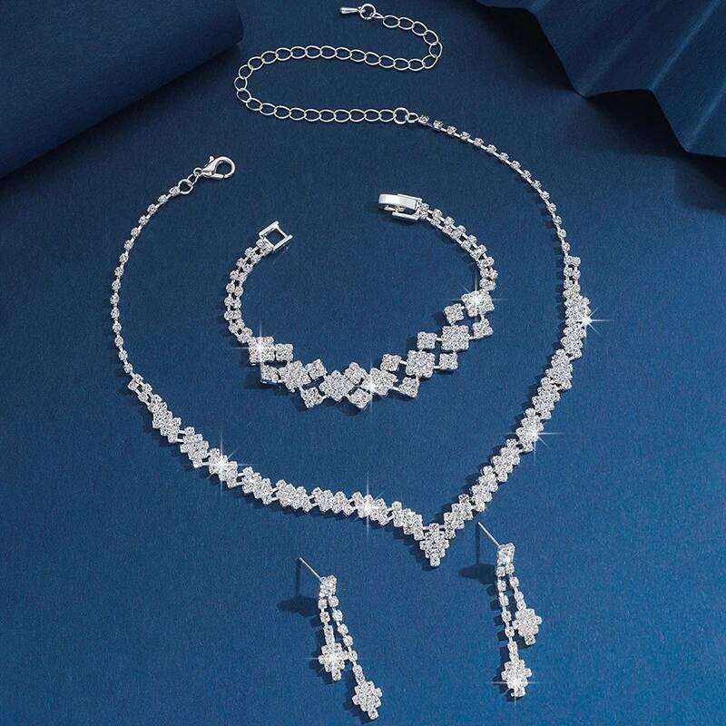 1Set Geometric Rhinestone Necklace Earrings Bracelet Kit Wedding Bride Simple Tassel Sparkling Jewelry Set Gifts Z260313