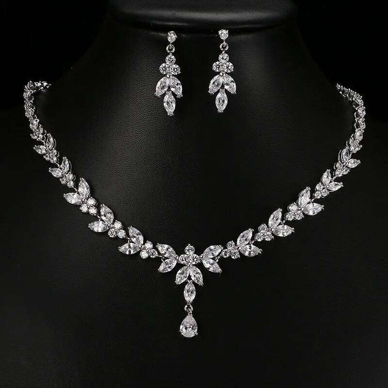 Ekopdee Luxury Brilliant Leaf Jewelry Set For Women Zircon Silver Color Wedding Bridal Necklace Earrings 2021 New Parure Bijoux Z260313