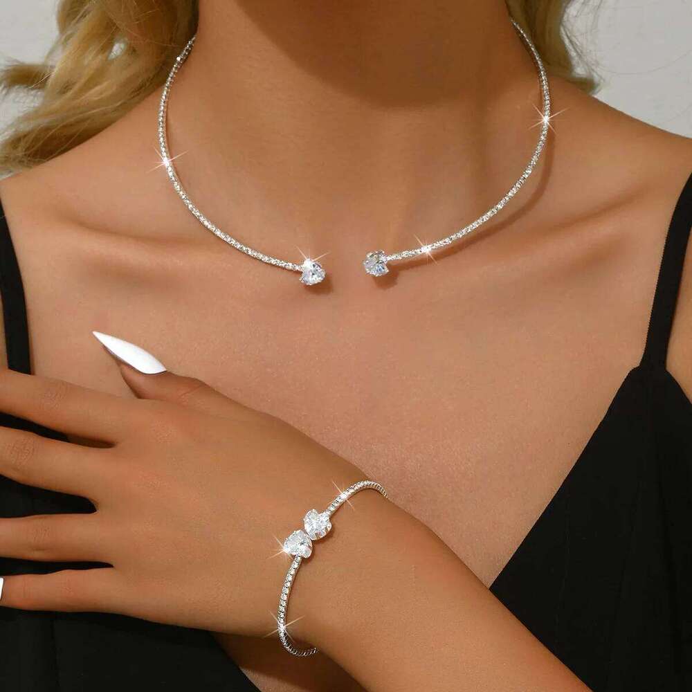 Shiny Crystal Jewelry Women Silver Plated Cubic Zirconia Choker Necklace Bracelet Set Party Evening Fashion Accessories Z260313