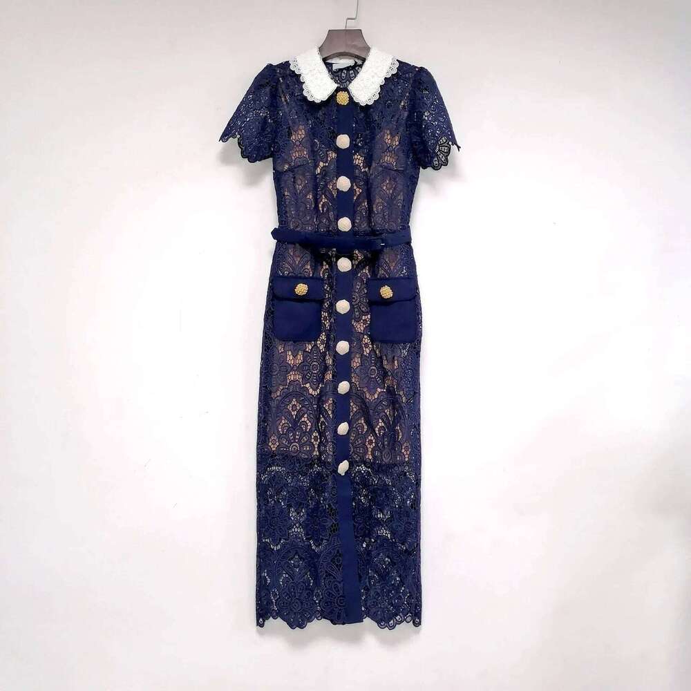 Water Soluble Lace Navy Blue Peter Pan Collar Pocket Buttons Decoration Women Dress High Waist Slim Temperament Pencil Dress Mdng260314