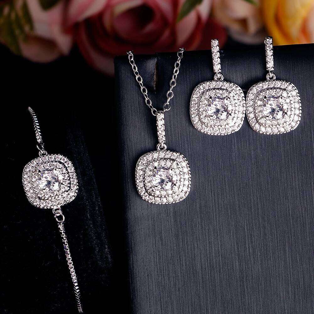 ZAKOL 3 Pcs Brilliant Micro Paved Zirconia Square Earring/ Necklace/Bracelet Set for Women Gorgeous Wedding Jewelry Z260313