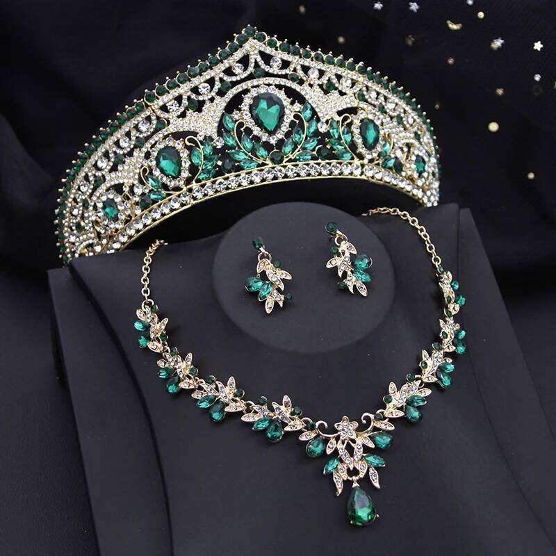 Luxury Bride Crown Sets for Women Red Tiaras and Necklace Earrings Party Prom Bridal Wedding Jewelry Set Accessory Z260313
