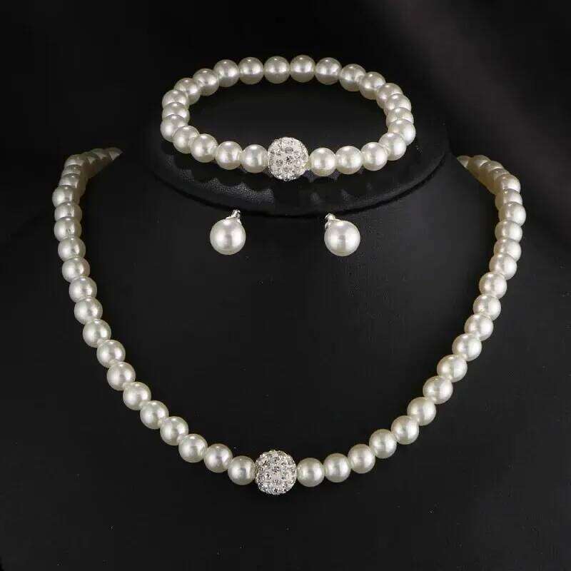 3 PCS Imitation Necklace Bracelet Earring Stud Fireball Pearl Beaded Women Luxury Bridal Party Jewelry Set Z260313