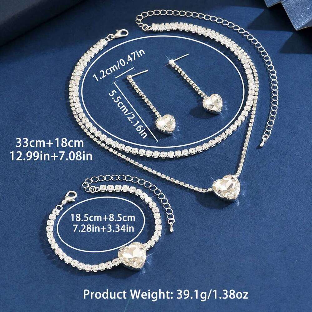 Double Layer Heart Crystal Jewelry Set Necklace+Earrings+Bracelet Shiny for Women Party Wedding Accessories Z260313