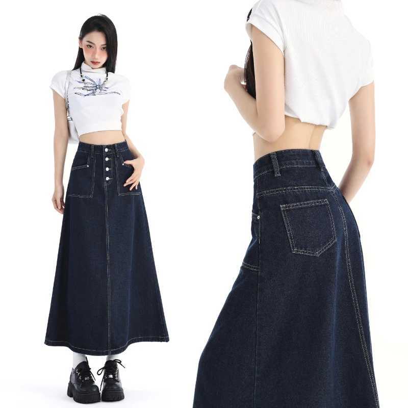 High Waist Denim Skirt Women Autumn 2024 New Arrival Single Buttons Long Skirt Women Korean Style Casual Jeans Skirts Womens M260314