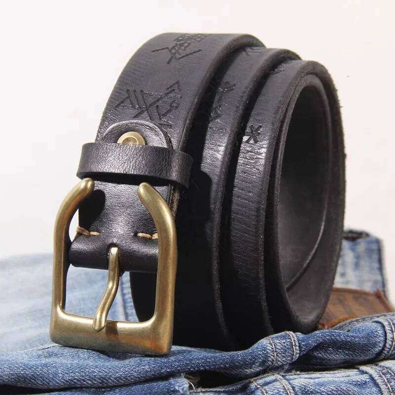 Extra Thick Cowhide Personality Brass Horn-shaped Buckle Head Men's Retro Laser Engraving Lucky Phaeton Symbol Jeans Belt Z260226