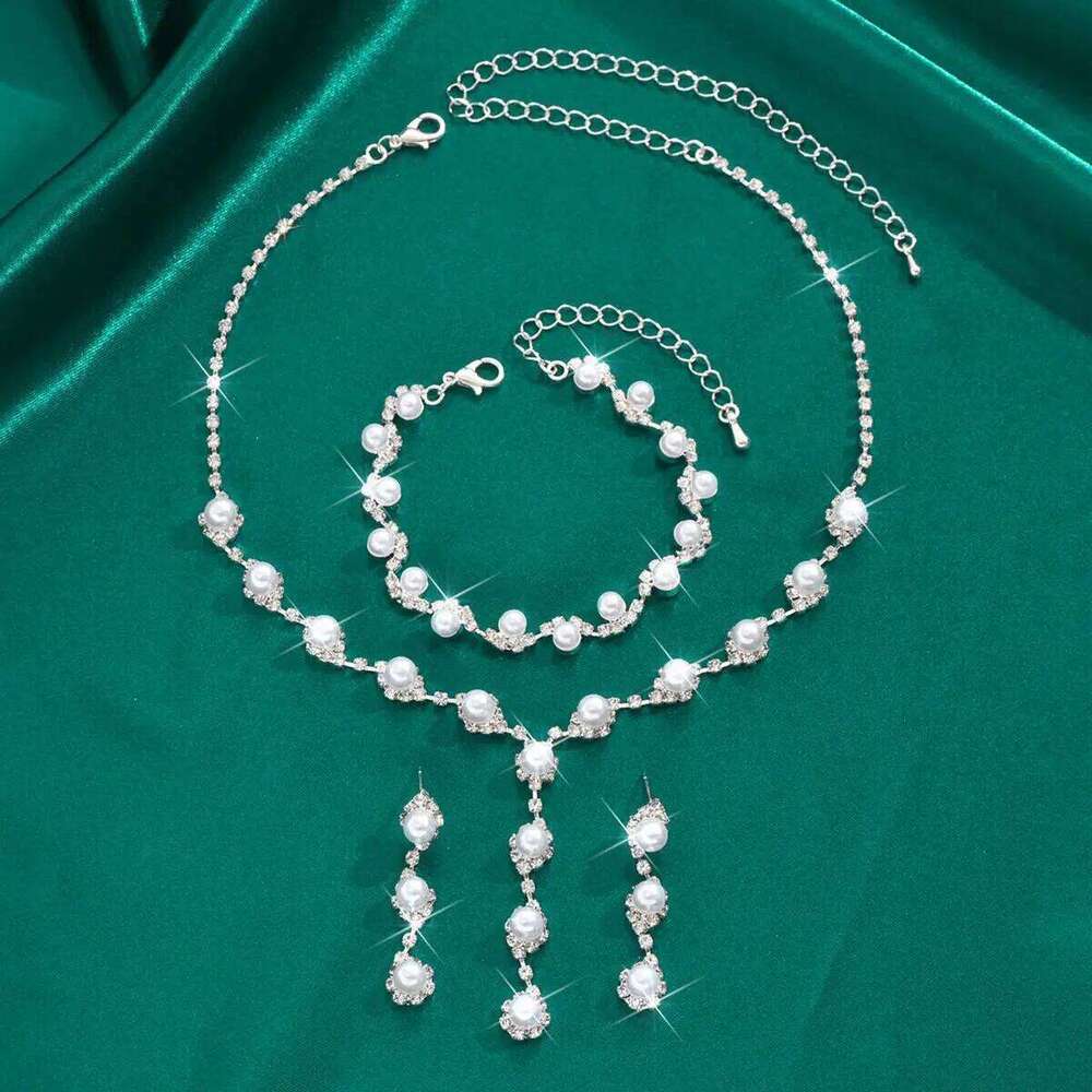 4/3PC Women's Fashion Copper Claw Chain Pearl Necklace Earrings Bracelet Jewelry Set Wedding Banquet Party Holiday Gift Z260313