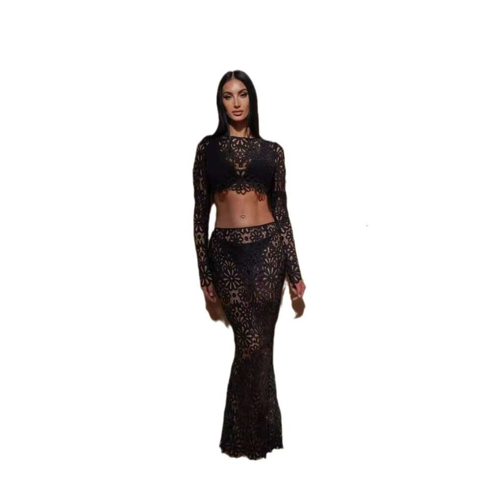 2026 Autumn Women European American Slim Fit Hollow Lace Two Piece Set Top And Skirt Elegant Fashion Casual Party Outfit MAKOUFEI