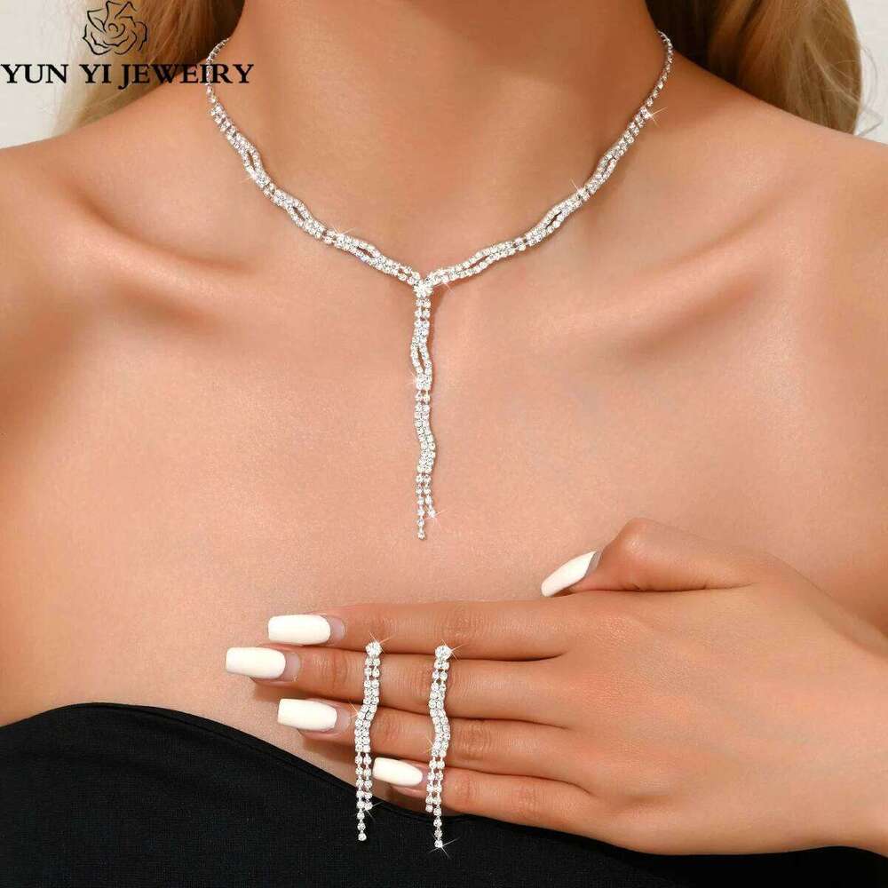 Women's fashion rhinestone geometric series long tassel necklace earrings jewelry set design sense first accessory Z260313