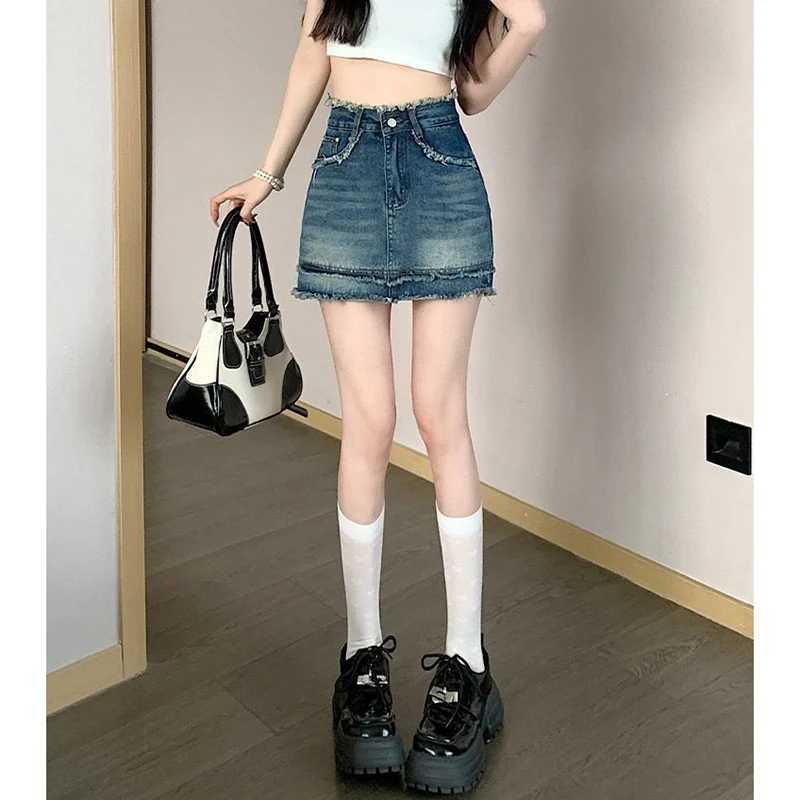 Summer s Vintage Raw Edge A-line Denim Skirt Female Chic High Waist Short Dress Lady Fashion Casual Wrap Hip Jeans Skirt M260314