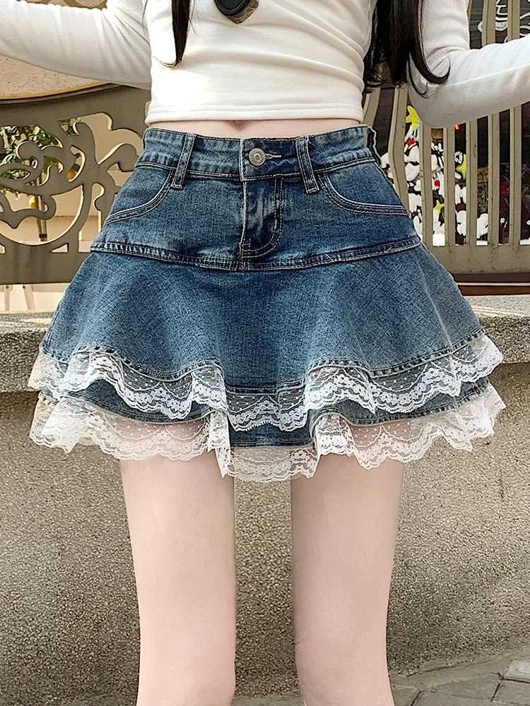 Women Fashion Streetwear Ruffles Kawaii Lace Skirts Shorts Preppy School Pleated Jeans Skirt 2025 Summer Mini Y2K Denim Skirt M260314